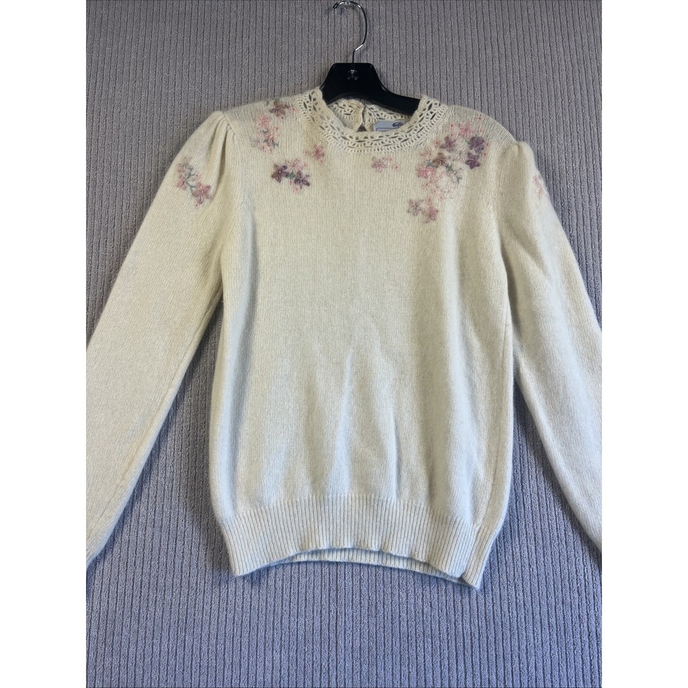 Vtg‎ Susan Bristol Sweater Women's M Hand Knitted Embroidered Coquette Lambswool
